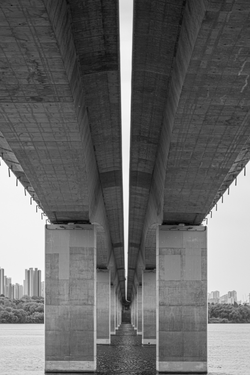 bridge, nature, city, architecture, river, water, construct, black and white