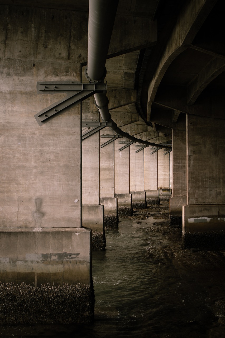 bridge, underpass, water, nature, pipe, architecture, metal, construction, concrete, brown construction, brown bridge